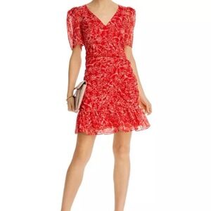 Parker Krislyn Silk Printed Ruched Mini Dress Red White Floral Size 4 lined